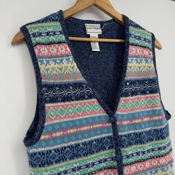90s Granny Sweater Vest Sequin Knit Beads Women's Size Small Napa Valley Vintage - Picture 2 of 7